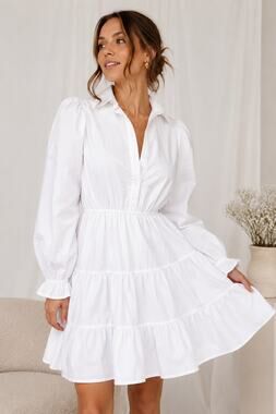Bardot White Cotton Tiered Mini Dress Women's US 6 Small Puff Sleeve Collared
